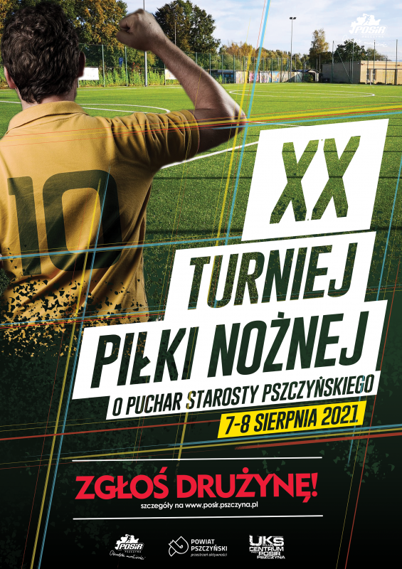 Plakat informujący o dacie i terminie turnieju piłkarskiego.
