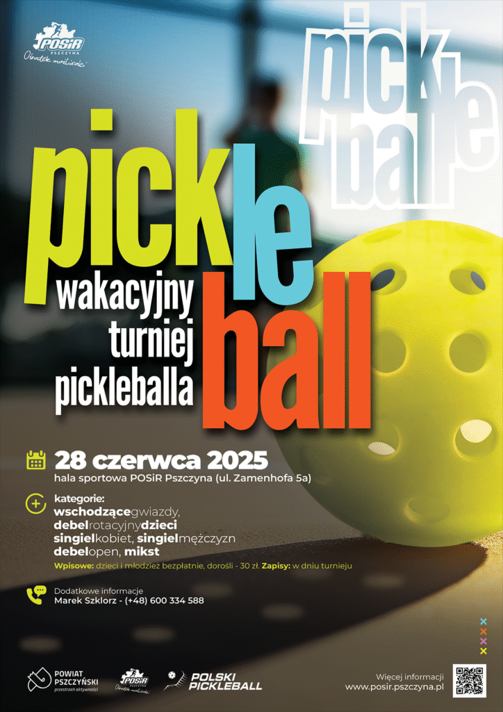 Plakat z piłka i informacjami, w tekscie.